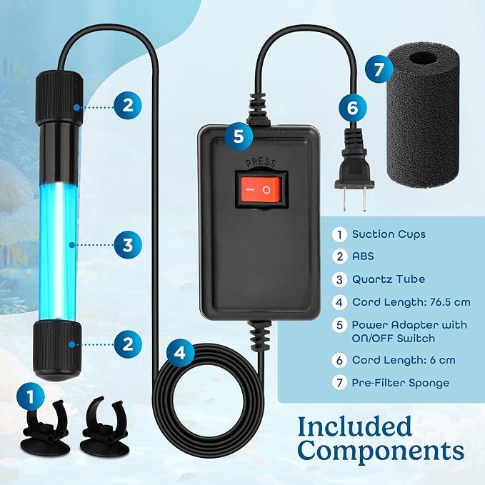 5W Aquarium UV Light for Fish Tank – Submersible UV-C Light for Aquarium Filter, Sump & Small Pond | 9.8 ft (3m) Power Cord | Water Clarity Support (Without Timer)