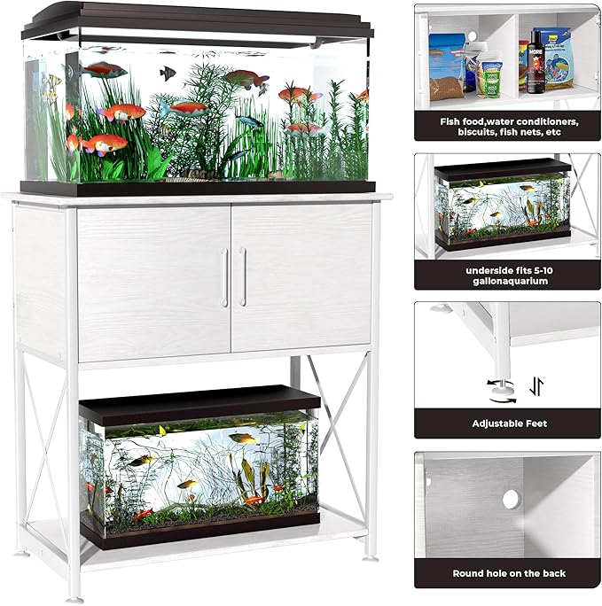 Herture 20-29 Gallon Aquarium Stand Metal Frame Fish Tank Stand with Cabinet Storage, for 20 Gallon Long Aquarium,30.7" L*16.5" W Tabletop,330LBS Capacity White PG01YGW
