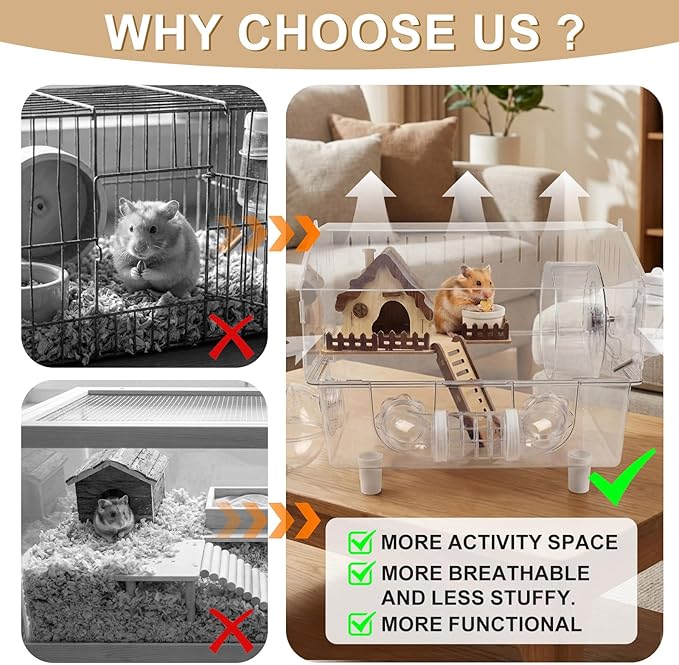 Loungewave Acrylic Hamster Cage, 8 in 1 Gerbil Cage with Accessories, Dwarf Hamster Cage with Full Transparent Viewing, Clear View Inside Easy to Clean, Excellent Ventilation, Classic House Style