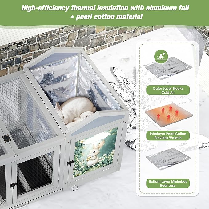 COZIWOW 39IN Heated Rabbit Hutch with Wheels, Insulated Indoor/Outdoor Bunny Cage House with Cleaning Tray, Sun Panel & Animal Pattern, Spacious Rabbit Cage for 1-2 Bunnies, (Warm Grey & Pattern)