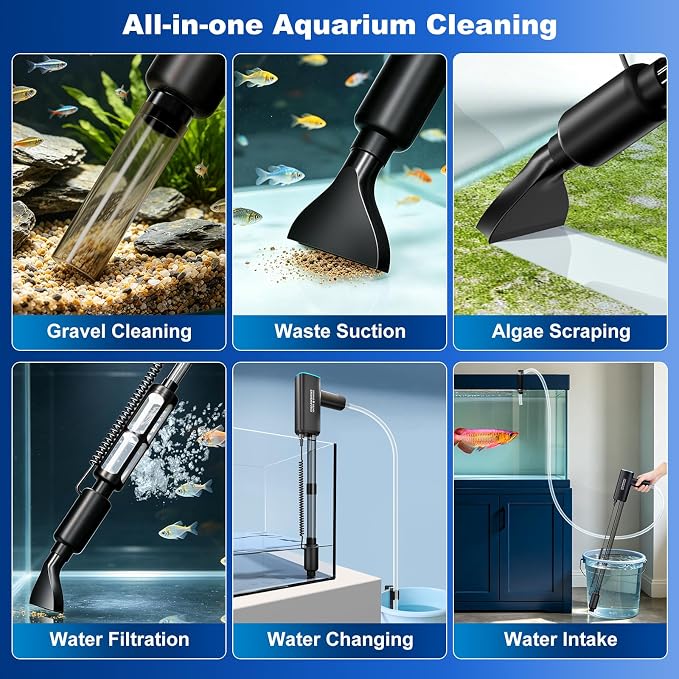 Cordless Gravel Vacuum Aquarium Cleaner for 5-10 Gallon,6-in-1 Automatic Fish Tank Cleaning Tools 2600mah Rechargeable Fish Tank Vacuum Small Tanks Change Water Wash Sand(10w)