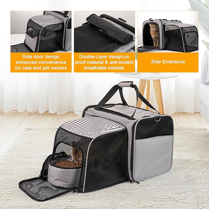 Cat Carrier with Litter Box, Soft Cat Travel Carrier with Food Carrier, Expandable Portable Cat Carrier for Car Travel, up to 20 lbs for Road Trip, Camping, Hiking, Gray