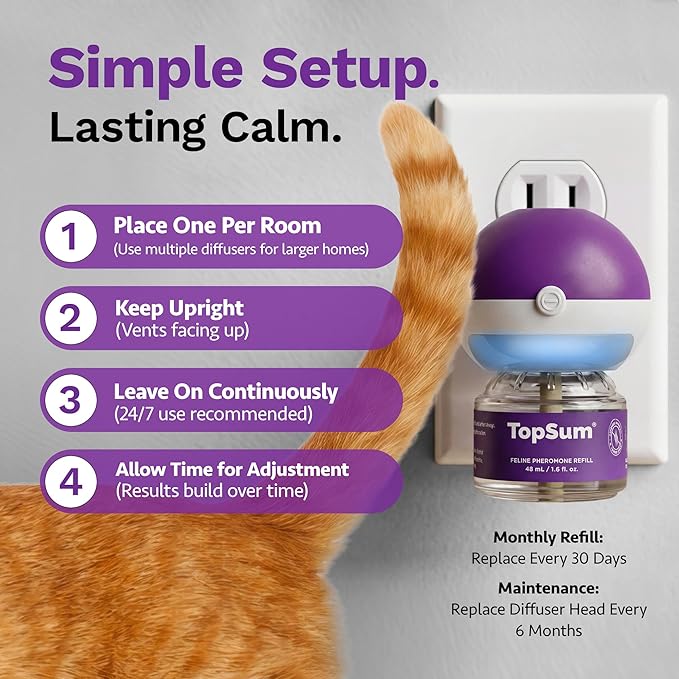 TopSum Cat Calming Pheromone Diffuser: Feline Pheromones Plug in for Stress, Along At Home, Spraying, Fighting, Scratching, Aggression & Excessive Meowing (Purple– 2 Diffusers+2 Refills)