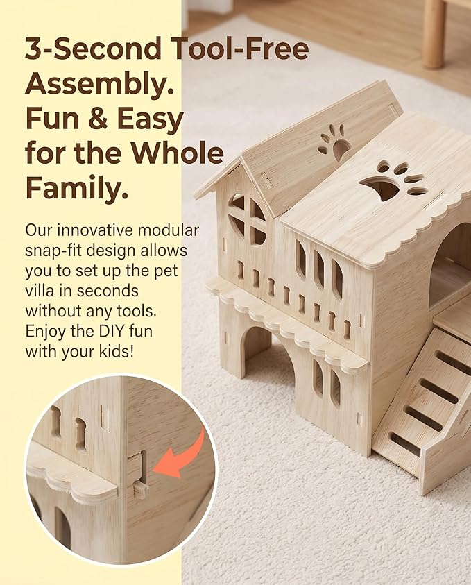 Large Hamster House & Gerbil Hideout – 8.5" Double-Decker Wooden Maze Hut w/Fun Slide | Multi-Level Gerbil House for Dwarf Hamsters, Mice, Rats & Small Animals ﻿