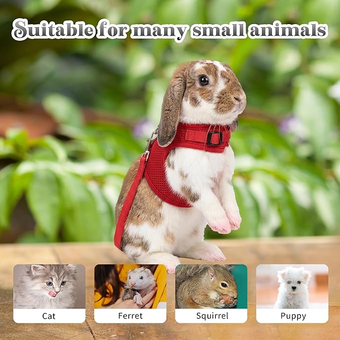 AIITLE Christmas Bunny Harness and Leash Set with Cute Bow, Soft Breathable Mesh Vest Harness for Rabbits Kitten Ferret Small Pig Puppy Walking Supplies Red M