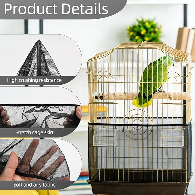 Bird Cage Seed Catcher Guard, Adjustable Stretchy Net Cover for Parrot Enclosures, Bird Cage Skirt Netting, Seed Catcher for Protective Shield for Parrot Enclosures (Black)