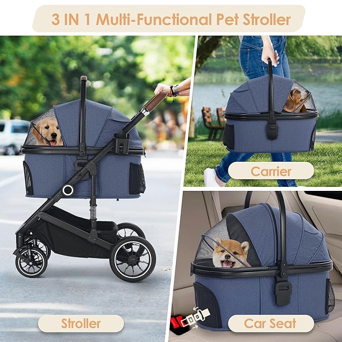 TODEFULL Pet Stroller with 4 Wheels, 3 in 1 Folding Puppy Strollers for Small/Medium Dogs Cats up to 50lbs, Lightweight Pet Travel Carrier with Detachable Cushion, Storage Basket and Cup Holder, Blue