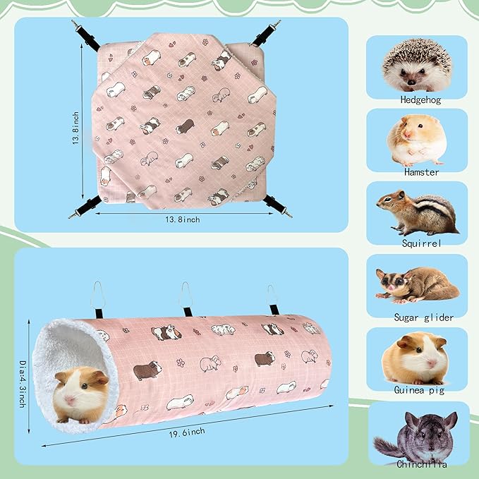 Small Pet Hammock & Tunnel Set for Ferrets, Guinea Pigs, Rats - Plush Hideout Bed & Cage Toy, 2-Pack, Pink Guinea Pig Print