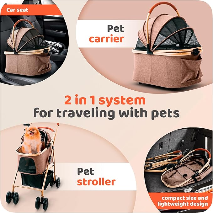Pet Stroller for Small Medium Dogs & Cats – 2-in-1 Detachable Carrier, Zipperless Entry, Lightweight Folding Travel Stroller with Storage Basket, Cup Holder, Brown