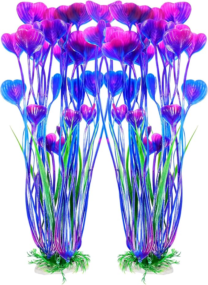 AQUANEAT Artificial Fish Tank Plants, Plastic Aquarium Accessories Large, 15.5 inch Purple Decorations, 2pcs