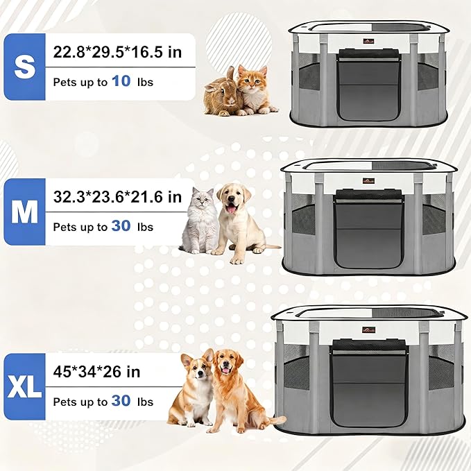 Dog Playpen, Pet Playpen, Foldable Kitten cage Puppy Play Pen, Portable Dog Kennel Tent Crate, Indoor Outdoor Travel Camping Use for Small Animals with Carrying Case (Grey XL)
