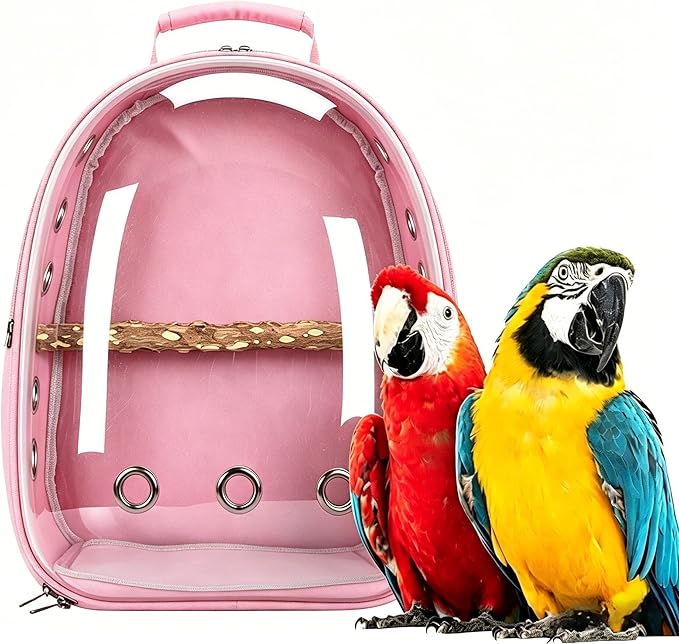 Bird Backpack, Lightweight and Breathable Outdoor Travel Backpack with 12 Breathable Holes, Wooden Pole, Adjustable Shoulder Strap for Birds and Pets (Pink)