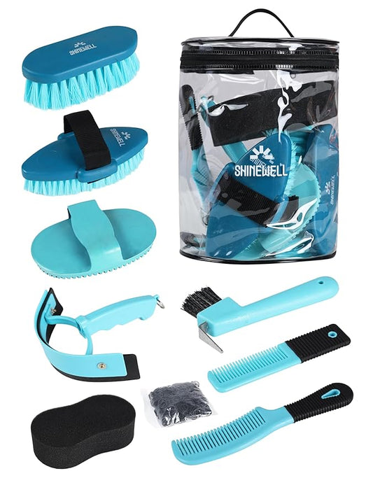 Shinewell Horse Grooming Kit, Complete Horse Brush Set, Equine Grooming Tools for Shedding & Daily Care Blue