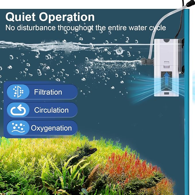 132 GPH 4-In-1 Aquarium Filter, 20-40 Gallon Fish Tank Filters (7 W) | Fish Filter, Filtration And Oxygenation, Filter for Fish Tank with Biochemical Cotton, Multi-Functional Turtle Tank Filter