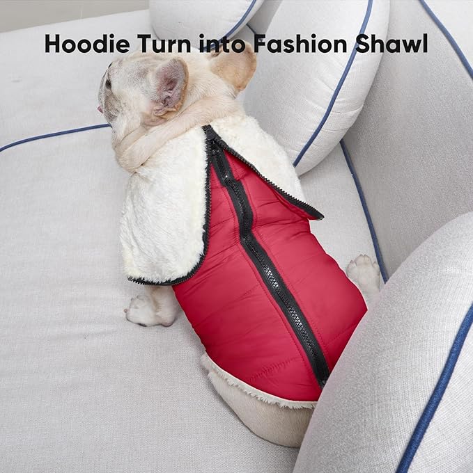 Vecomfy Fleece Lining Dog Hoodie with Harness Built in,Extra Warm Medium Dog Jacket in Winter Doggie Coats with Hooded,Red L