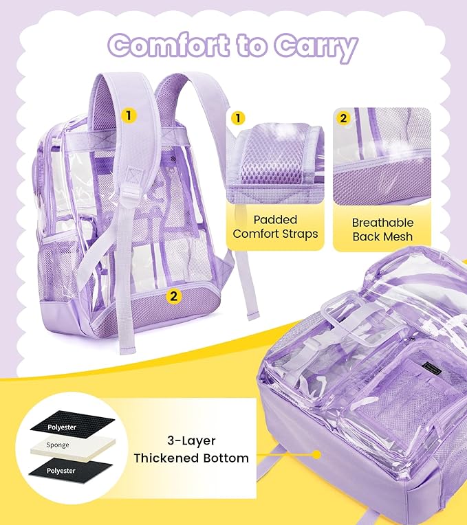 Vorspack Clear Backpack for School - Heavy Duty Transparent Bookbag for Girls Boys Large See Through backpacks for Work, College, Travel - Purple