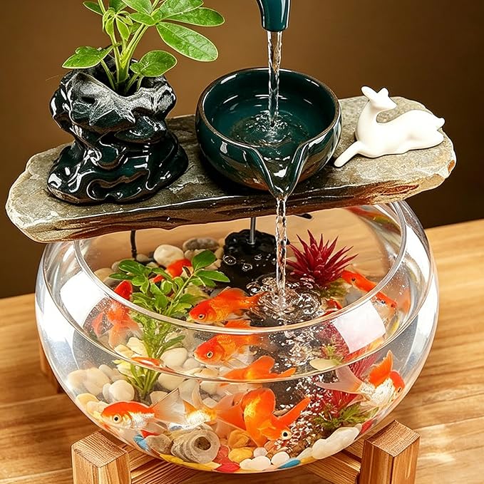 Tabletop Indoor Waterfall Fountain, Zen Water Fountain Indoor Small Fish Tank with Waterfall, Relaxing Feng Shui Tabletop Fountain for Home Office with Extra Spare Water Pump