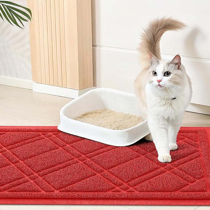 Smiry Cat Litter Box Mat 47x32, Non-Slip Water Resistant Litter Trapping Mat, Easy Clean Less Waste and Urine-Locking Cat Carpet for Indoor, Red