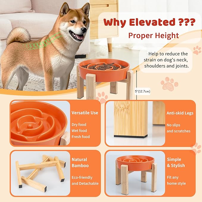 Elevated Slow Feeder Dog Bowl Large Breed, 8.8 Inch Ceramic Slow Eating Bowl with Bamboo Stand, Anti-Choking Raised Maze Design for Medium to Large Dogs, 3.2 Cup, Orange