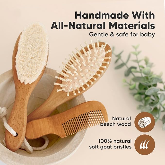 Baby Hair Brush Set for Newborns - Soft Goat Bristle Wooden Baby Brush and Comb Set Newborn Grooming Kit for Cradle Cap, Durable & Gentle, Boy, Girl Infant Essentials Care Kit (Regular, Golden Oak)