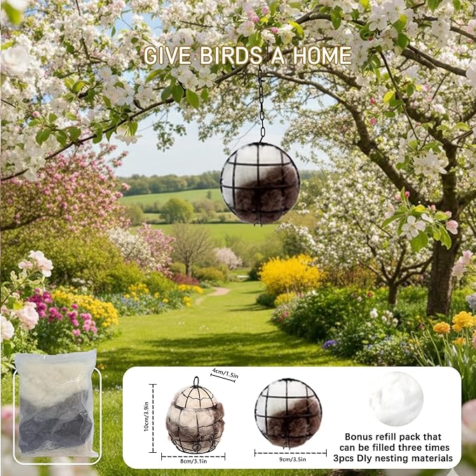 Bird Nesting Material, Hummingbird Nesters, Natural Alpaca Wool Material for Wild Birds, Design for Bird Lover Gifts, Nesting Balls for Wild Birds, Refillable Outdoor Birds Nesting Station(3pcs)