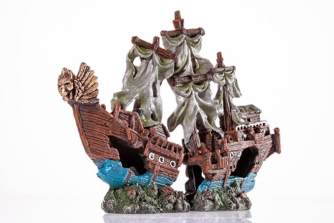 Shipwreck Aquarium Decorations Pirate Ship Ornament w/Sail (2 Pieces) 5 Gallons and Larger Fish Tank, Sunken Ship Decoration Ornaments, Decorative Resin Boat for Freshwater Saltwater Decor