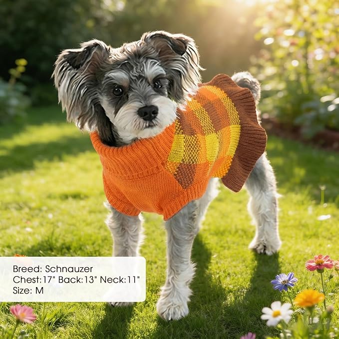 Dog Sweater Dress Plaid Knitwear for Small Medium Dogs Warm Puppy Pet Turtleneck Stretch Pullover Cute Fall Winter Vest Clothes with Leash Hole for Christmas (Orange, M)