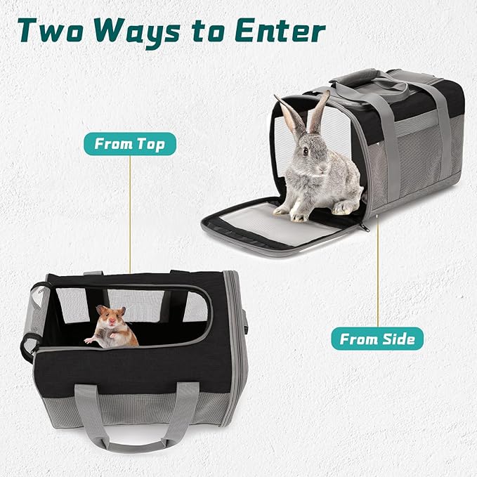 PINVNBY Bunny Carrier for Travel Camping Outdoor, Small Pet Carrier, Guinea Pig Carrier, Breathable Pet Portable Hand Bag for Hamster Rabbit Guinea Pig（Black & Gray）
