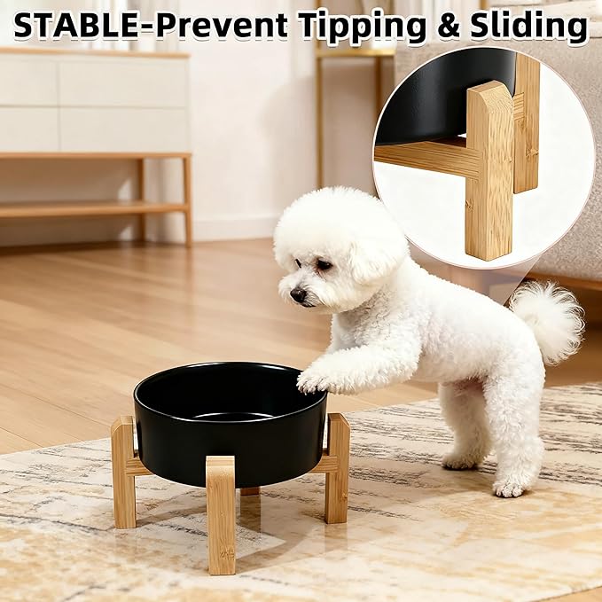 Elevated/Raised Ceramic Dog Bowl with Bamboo Stand,8 inch 7.6 Cups Non-Slip Heavy-Weighted Single Pet Dish, Reduces Neck Strain Black