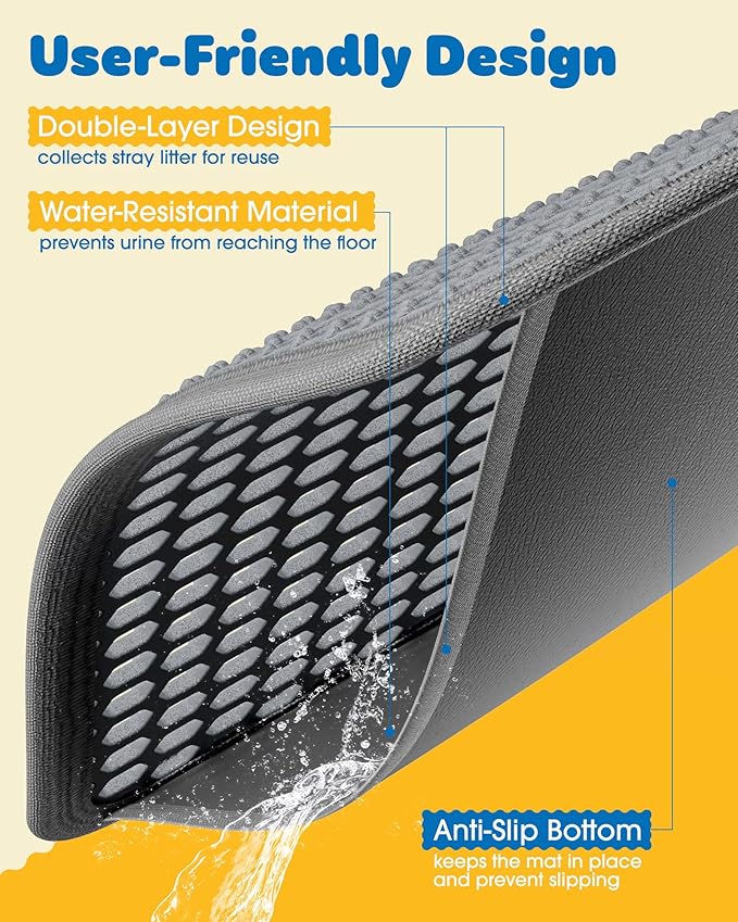Powools 35" x 30" Cat Litter Mat - Ultra-Large Litter Box Mat with Double Layers, Urine-Proof and Non-Slip Litter Trapping Mat, Easy to Clean Kitty Litter Mats for Floor, Scatter Control, Grey