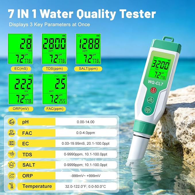 Digital Chlorine Tester, Pool Salt Tester with Calibration Kit | 7-in-1: pH, Salt, FAC, ORP, EC, TDS, Temp. High Precision with ATC. For Saltwater Pool, Hot Tub Spa, Aquarium, Hydroponic