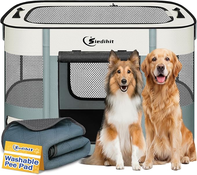 Dog Playpen,Cat Pet Puppy Pen,Portable Playpens for Dogs Indoor Outdoor Travel Camping Use,Foldable Dog Kennel Tent Crate for Rabbit Small Animals with Carrying Case (Grey with Pad, Lagre)