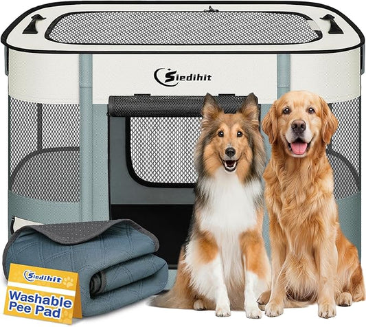 Dog Playpen,Cat Pet Puppy Pen,Portable Playpens for Dogs Indoor Outdoor Travel Camping Use,Foldable Dog Kennel Tent Crate for Rabbit Small Animals with Carrying Case (Grey with Pad, Lagre)