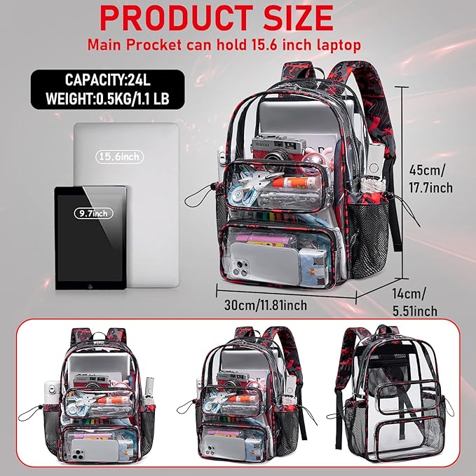 CAMTOP Clear Backpack Heavy Duty Transparent Bag See Through BookBag for Student School Work Festival Sport Travel (Graffiti Red)