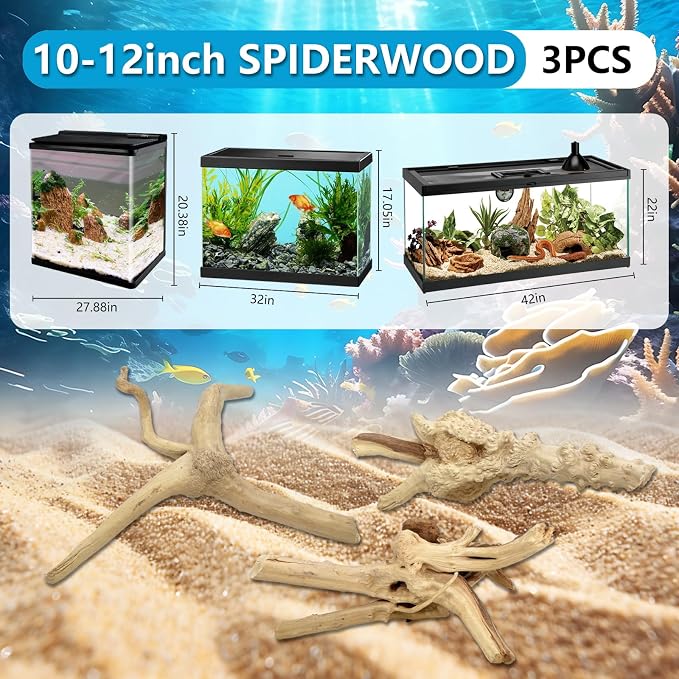 3 PCS Large Natural Spider Wood for Aquarium 10-12", Aquarium Drift Wood, Assorted Size Spider Wood, Twisted Branches Trunk for Fish Tank, Aquascaping, Reptile Climbing Branch, Terrarium Decor
