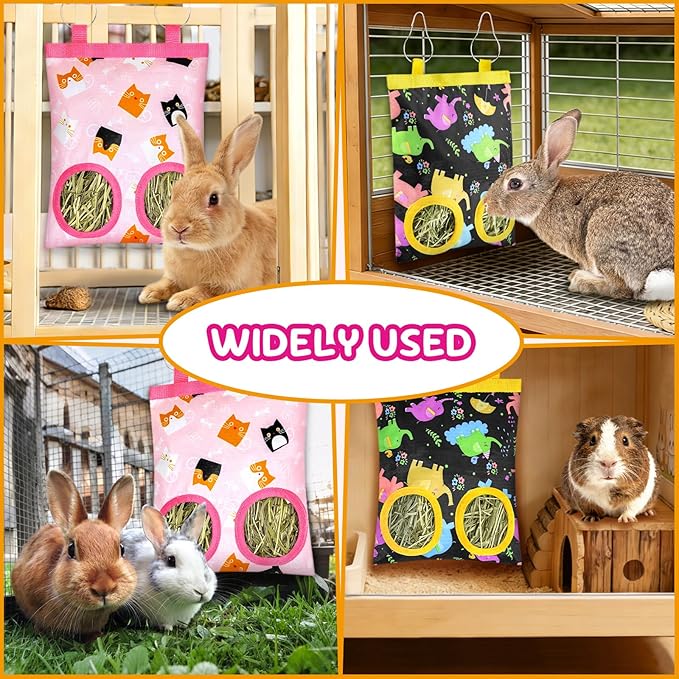 2 Pack Rabbits Hay Feeder Bag, 2 Holes Hanging Bunny Hay Feeder Guinea Pig Feeding Bag Storage Dispenser for Bunny Rabbits Chinchillas Hamsters Small Pets and Animals