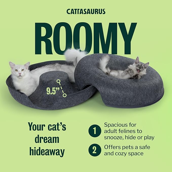 Cattasaurus Peekaboo Cat Cave Donut for Multiple & Large Cats up to 30-45 lbs, 3-in-1 Self Warming Cat Bed, Tunnel & Scratcher for Indoor Cats, Washable & Detachable Small Dog Bed (Dark Gray, Jumbo)