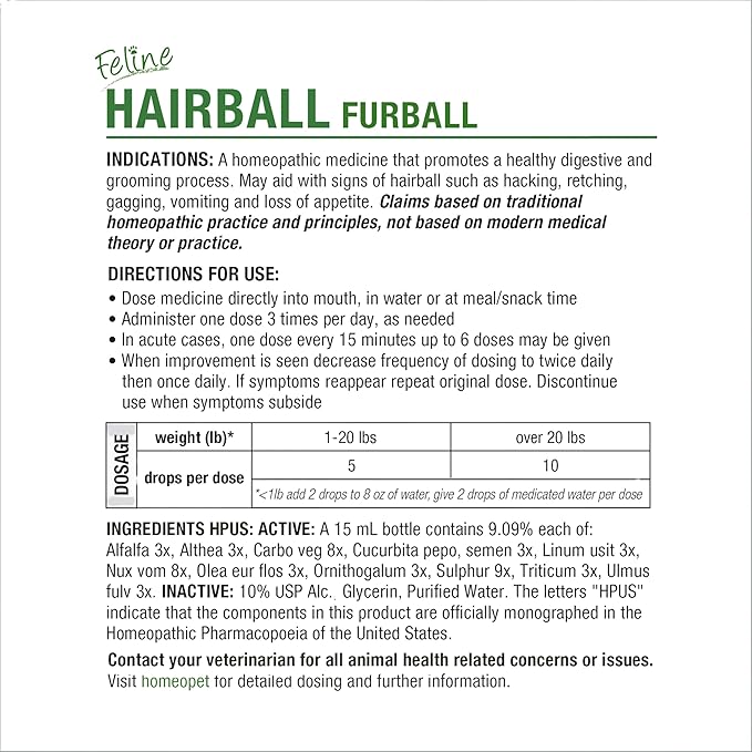 HomeoPet Feline Hairball Furball, Safe and Natural Furball Supplement for Cats, Cat Hairball Relief, 15 Milliliters