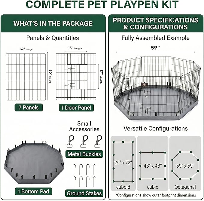 PJYuCien Dog Playpen with Bottom Pad - Metal Foldable Exercise Pen, 8 Panels 30" H x 24" W Indoor Outdoor Pet Fence Puppy Crate Kennel, Gray