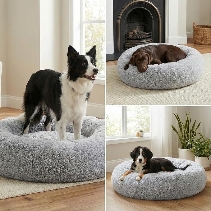 Calming Pet Bed with Water-Resistant Inner Liner – Anti-Anxiety Donut Dog & Cat Bed with Removable Washable Cover – Supportive Plush Nest, Non-Slip & Cushion Protection – Small, Grey