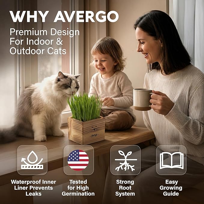 Cat Grass Kit for Indoor Cats – x2 Seed Packets | Cat Grass Seeds with Wooden Planter & Soil for Nipping & Nibbling – Pet Wheatgrass Grass
