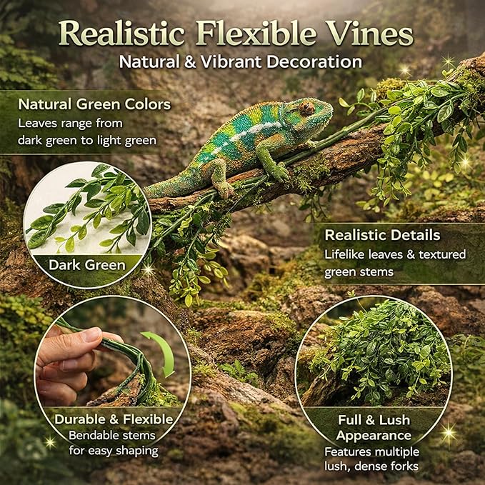 HERCOCCI 4 Pack Reptile Plants, Terrarium Hanging Plants Vines Artificial Leaves Habitat Decorations with Suction Cup for Bearded Dragon Hermit Crab Lizard Snake Geckos Chameleon