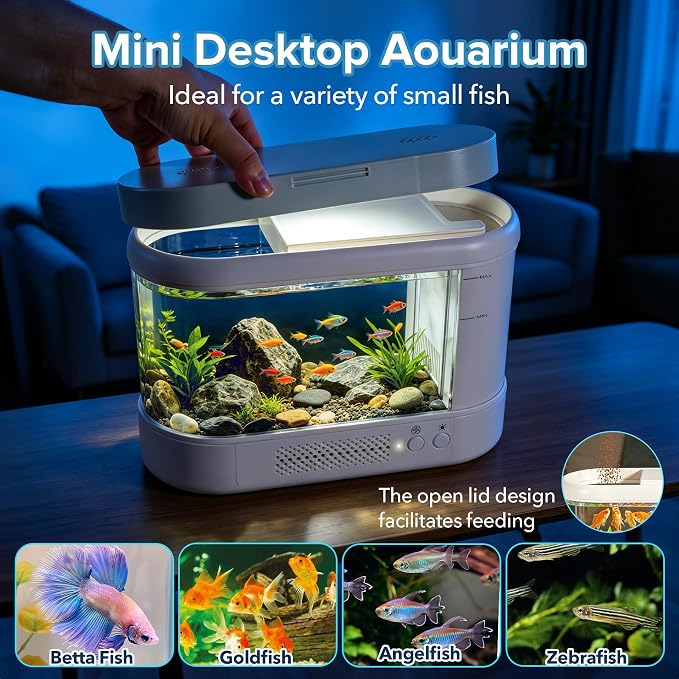 Betta Fish Tank White 1 Gallon Acrylic Small Aquarium Kit | with Water Filter Pump & LED Light,Quiet Living Room Desktop Fish Bowl for Small Fish,Plants and Shrimp