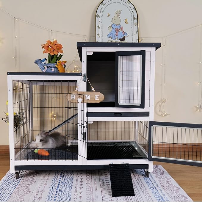 FunXplore 2-Tier Rabbit Cage & Bunny Hutch Indoor Outdoor, 4 Metal Wheels, Chew-Resistant Aluminum-Edged Frames & Ramps, Leak-Proof Trays, Easy Assembly, Spacious for Rabbits & Small Animals
