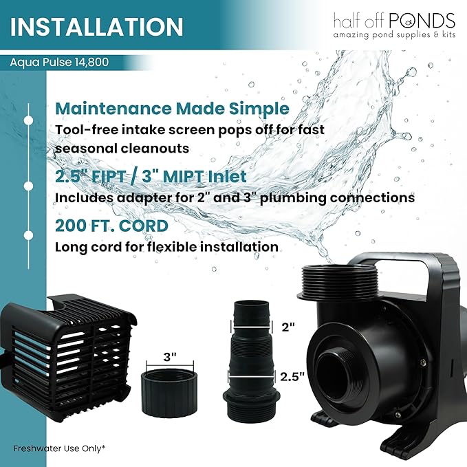 HALF OFF PONDS Submersible Water Pump, 10,500 GPH Pond Pump with 200FT Power Cord and 27 FT Max Head, 620W Ultra Quiet Energy Efficient Pump for Koi Pond, Fountain, Waterfall, Water Garden, Skimmer
