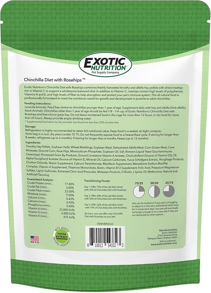 Exotic Nutrition Chinchilla Diet with Rose HIPS 18 lb. - Nutritionally Complete Natural Healthy Pellet Food for Pet Chinchillas