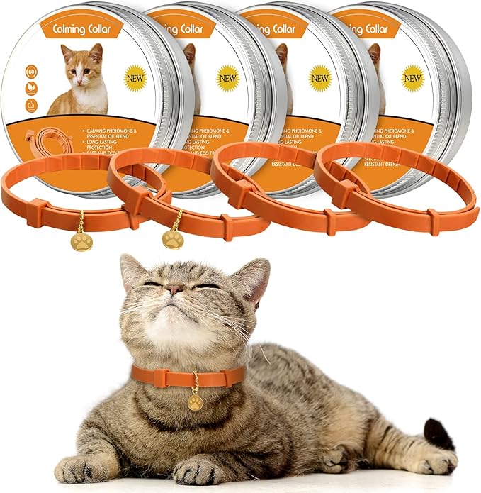 Weewooday 4 Pcs Cat Calming Collar Adjustable Pheromones Scent Relaxing Cat Collar with 2 Pendant for Puppies Reduce Stress Aggression Anxious, up to 15 Inches(Orange)