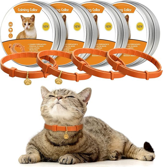 Weewooday 4 Pcs Cat Calming Collar Adjustable Pheromones Scent Relaxing Cat Collar with 2 Pendant for Puppies Reduce Stress Aggression Anxious, up to 15 Inches(Orange)