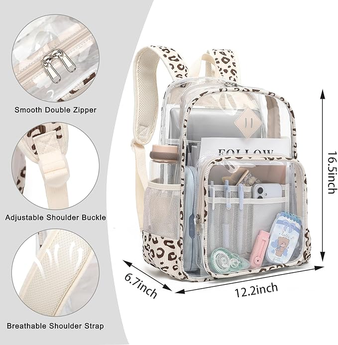 Clear Backpack for Girls Women School Bookbag Heavy Duty Transparent Backpacks (Beige Corduroy Leopard)
