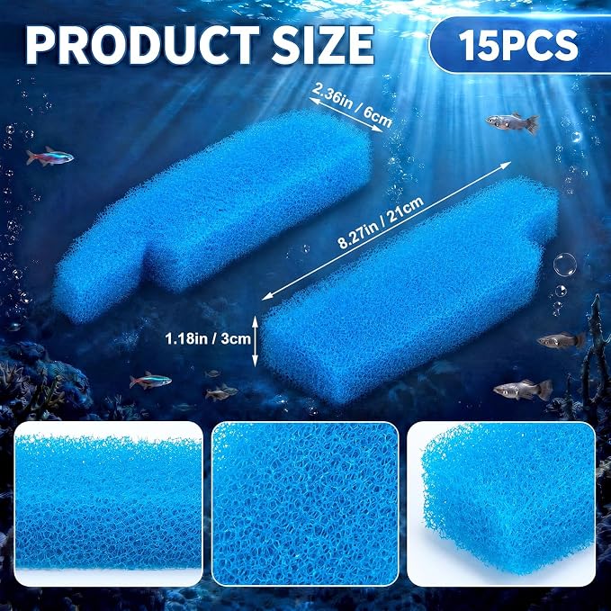 Threlaco 15 Pcs Aquarium Sponge Foam Filter Pads Compatible with Seachem Tidal Replacement Polishing Pad Fish Tank Filter Floss, Media for Crystal Clear Water(Compatible with Seachem Tidal 75,Blue)